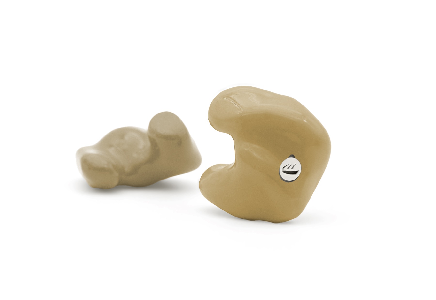 Sports shooting, industrial, concert, and motorcycle hearing protection earplugs with filters in beige.