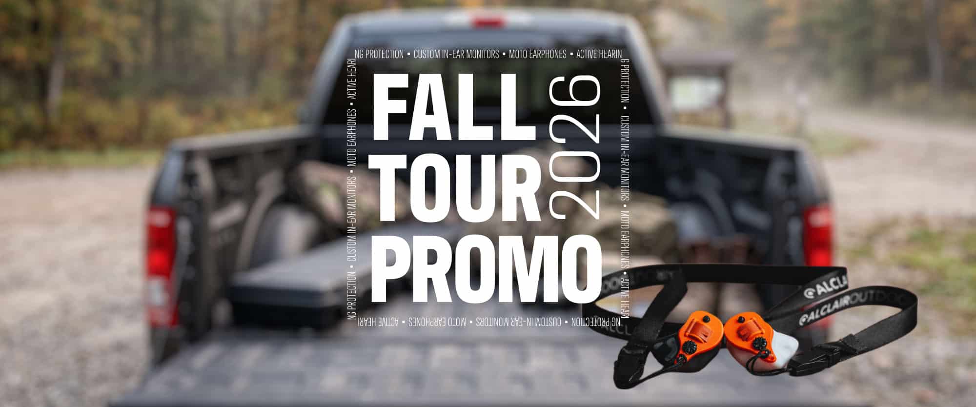 Alclair Fall Tour Promo Sale - Hearing protection image with hunting and shooting truck ready to go - Desktop version